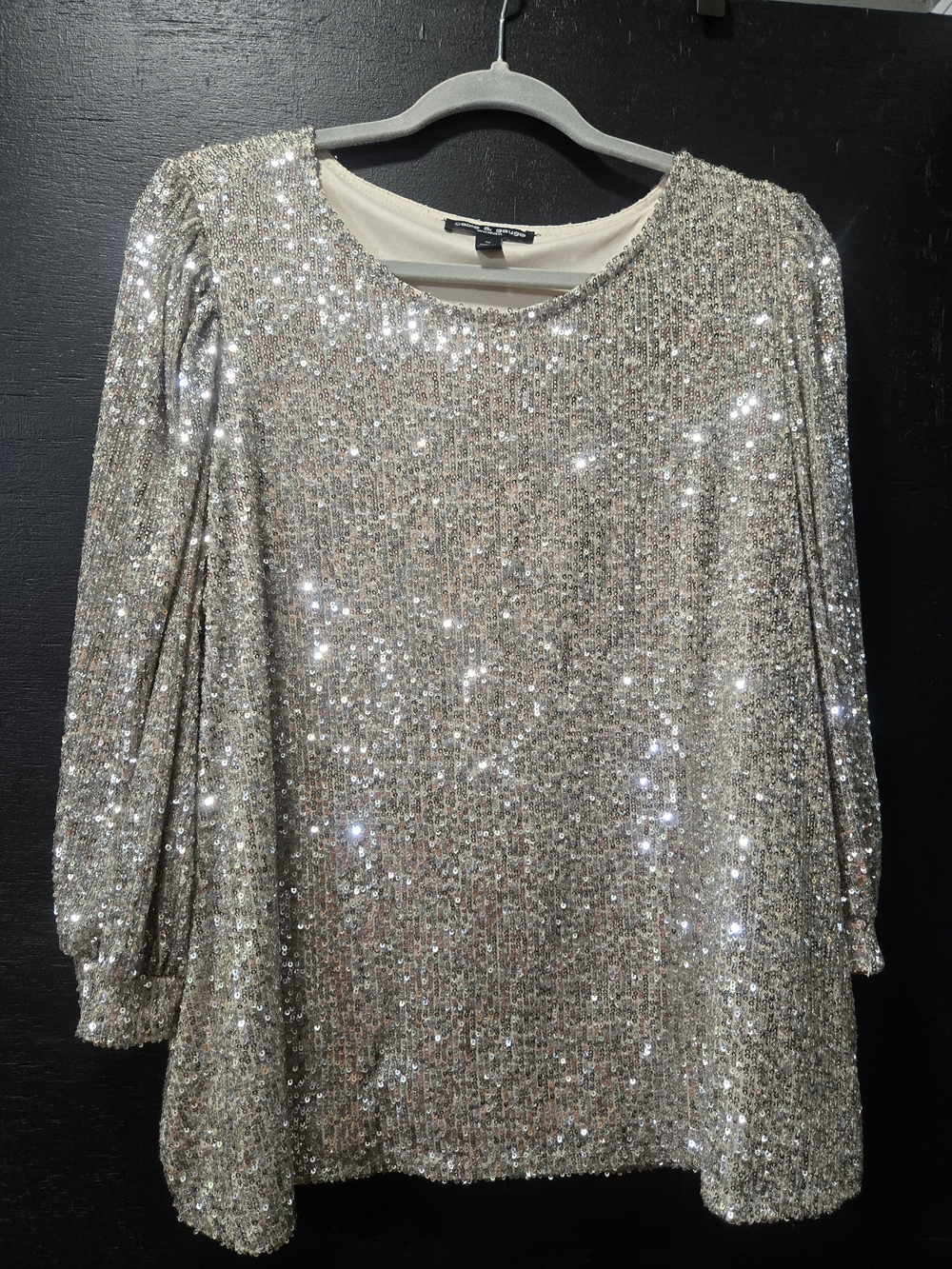 Cable & Gauge Silver Sequin Puff Sleeve Blouse